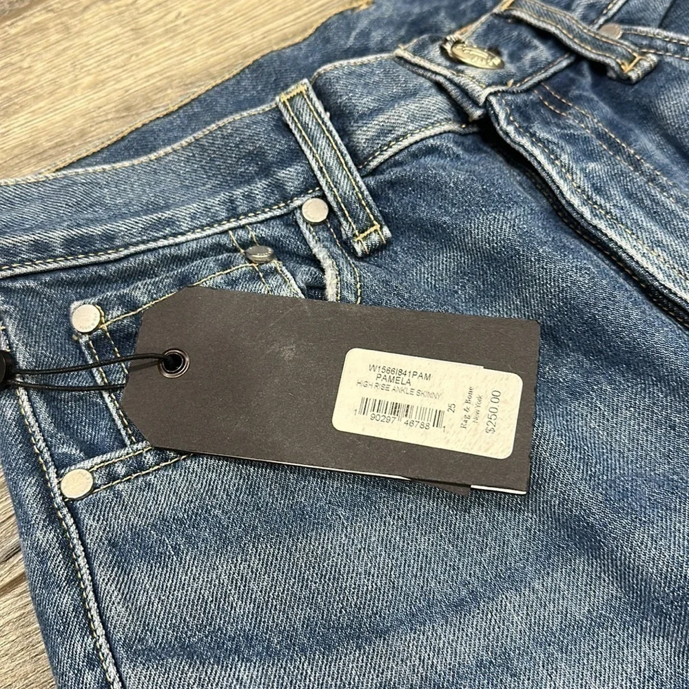 NEW • Rag & Bone • High Rise Ankle Skinny Jeans Pamela Distressed 25 Blue Frayed